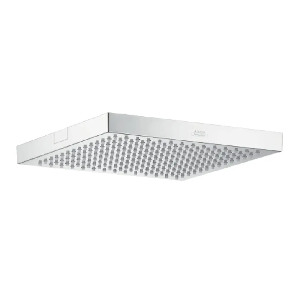 Kopfbrause von AXOR in quadratischer Form, deckenmontiert, mit gleichmäßig angeordneten Wasserstrahlöffnungen. Oberfläche in Chromfarbe.